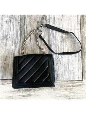 French Connection Quilted Square Shoulder Bag Chain Strap Sm Black Faux Leather